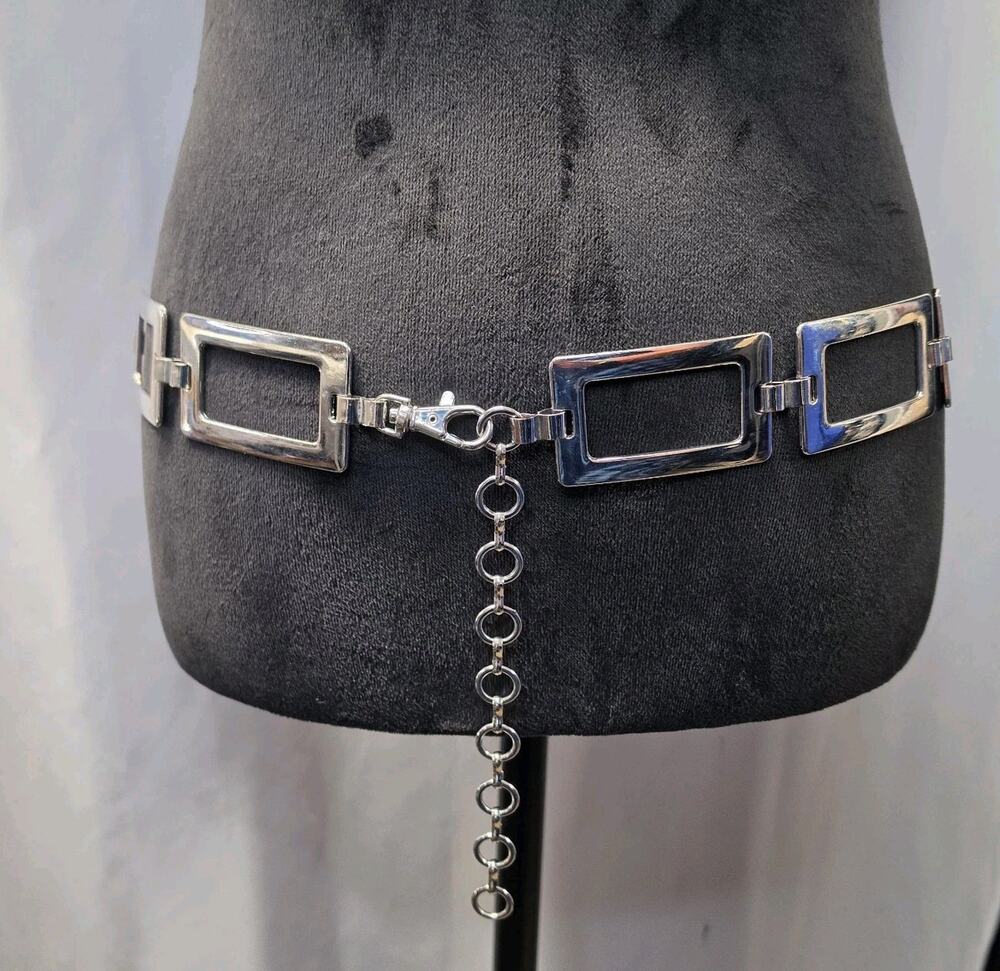 Vintage Mod Chunky Silver Tone Large Rectangular Link Chain Belt 41" One Size